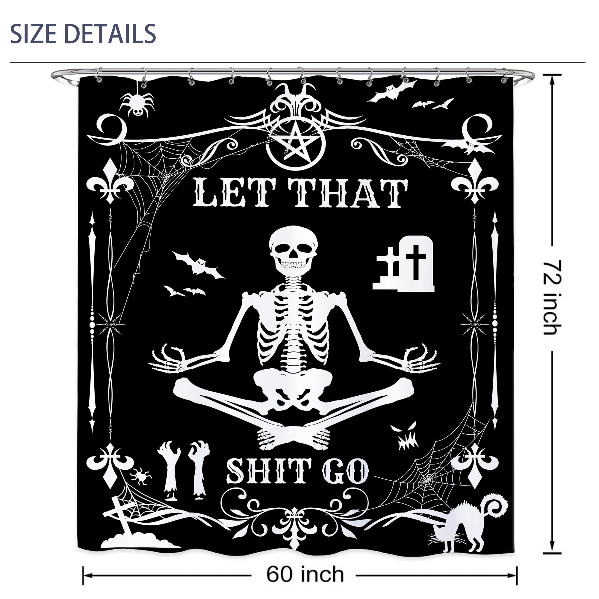 Laifzere Funny Black Skull Goth Shower Curtain Let That Shit Go Shower Curtain For Bathroom Set Skeleton Halloween Gothic Fun Fa