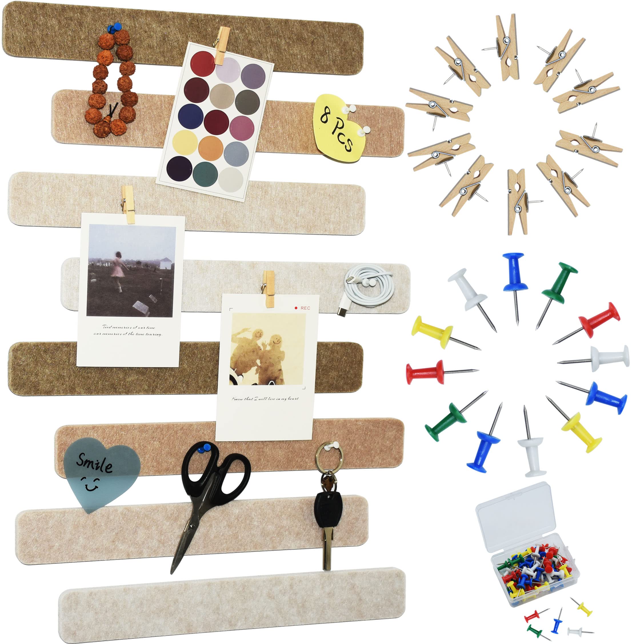 Youdeful 8Pcs Bulletin Board Strips, Camel-Brown Felt Pin Board Bar Strips With 50 Pushpins, Self-Adhesive Felt Cork Board Strip
