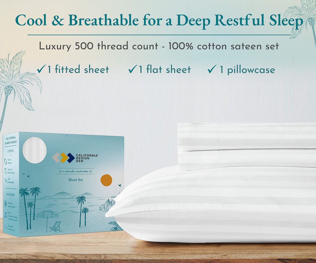 California Design Den 3 Piece Twin Size Sheet Set - 100% Cotton 500 Thread Count, Cooling Deep Pocket Bed Sheets With Fitted Elastic Sheet, Extra Soft Luxury Hotel Quality - Striped Bright White