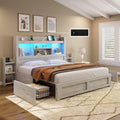 AMERLIFE Full Bed Frame with 4 Storage Drawers, LED Bed Frame with 49.6 Tall Bookcase Headboard, Wood Platform Bed with Charging