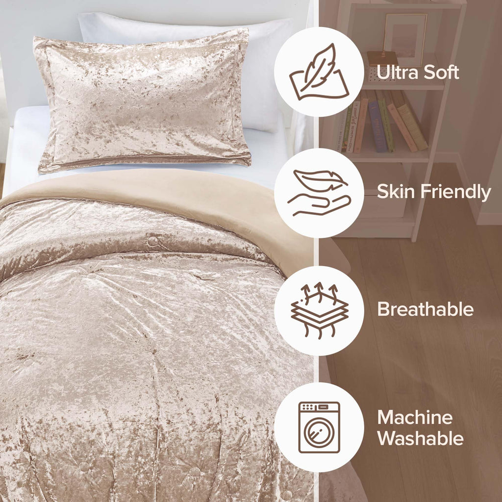 Comfort Spaces Luxe Twin Comforter Set Velvet Comforters For Twin Size Bed, Microfiber Reverse, Juliette, All Season Velvet Bedd