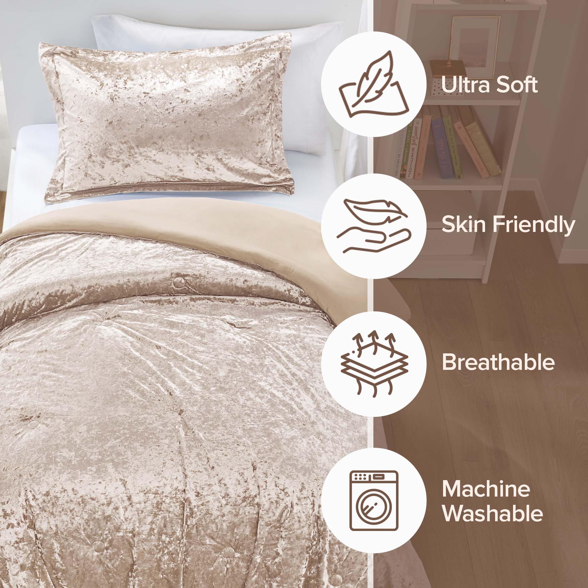 Comfort Spaces Luxe Twin Comforter Set Velvet Comforters For Twin Size Bed, Microfiber Reverse, Juliette, All Season Velvet Bedd