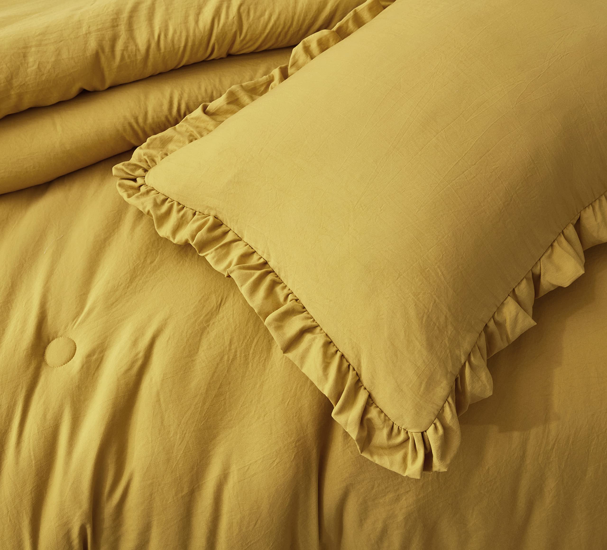 Chezmoi Collection Nora Mustard Yellow Comforter Set Full Size 3-Piece Fluffy Soft Lightweight Bedding Ruffled Edge Trim Stone-W