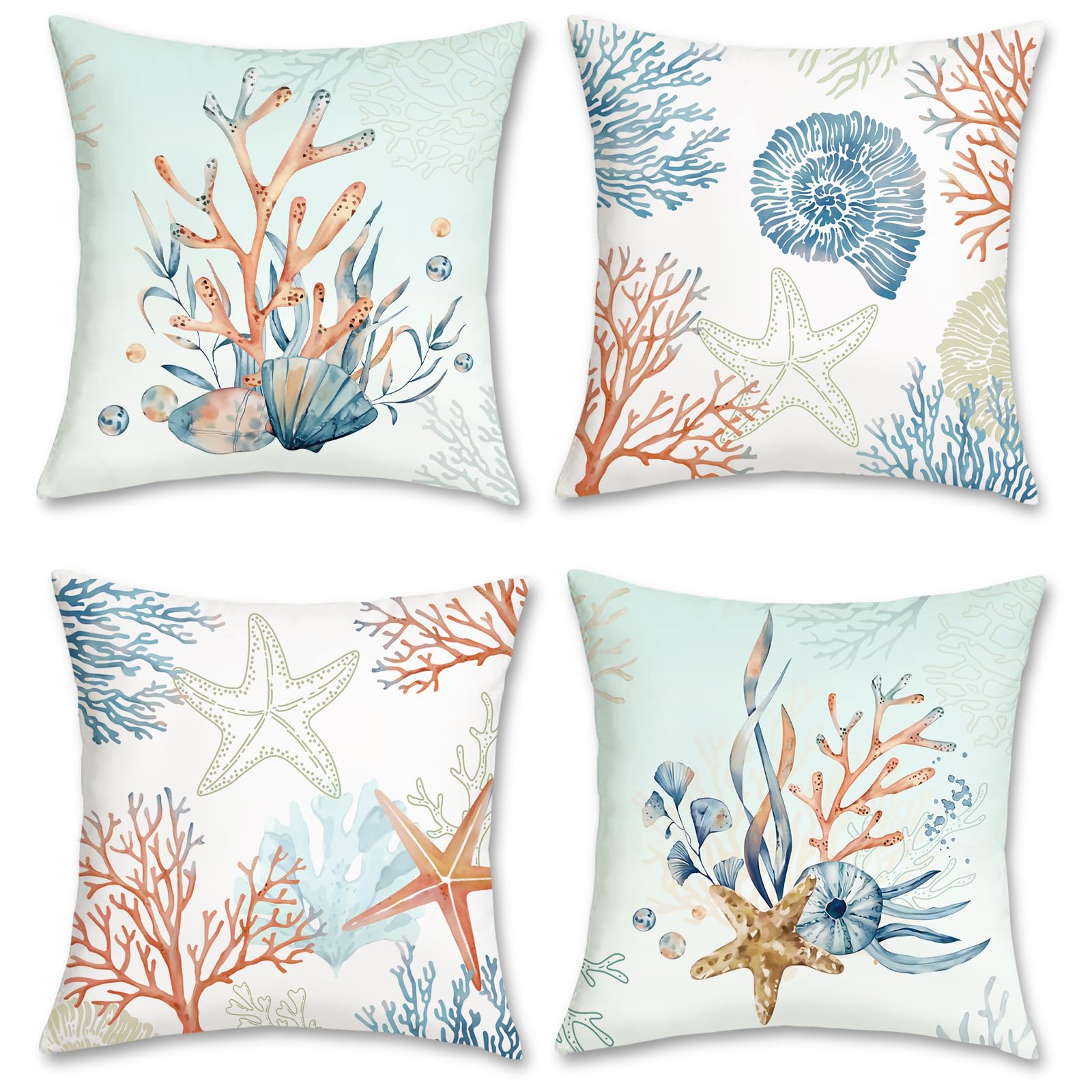 Bonhause Summer Coastal Throw Pillow Covers 18 X 18 Inch Coral Starfish Seashell Beach Decorative Pillow Cases Ocean Blue Cushio