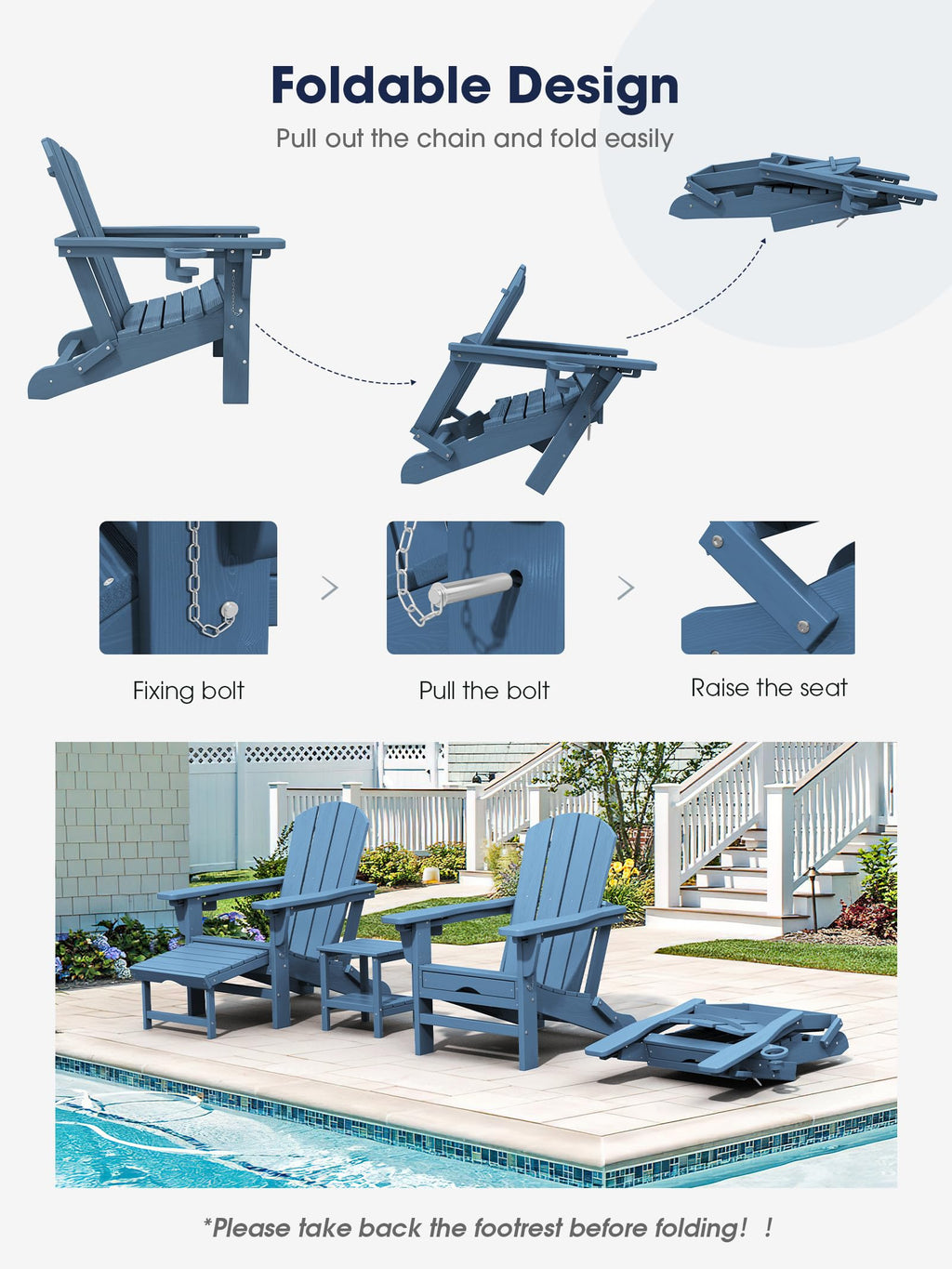 Kingyes Folding Adjustable Adirondack Chair With Retractable Ottoman, Blue