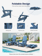 Kingyes Folding Adjustable Adirondack Chair With Retractable Ottoman, Blue