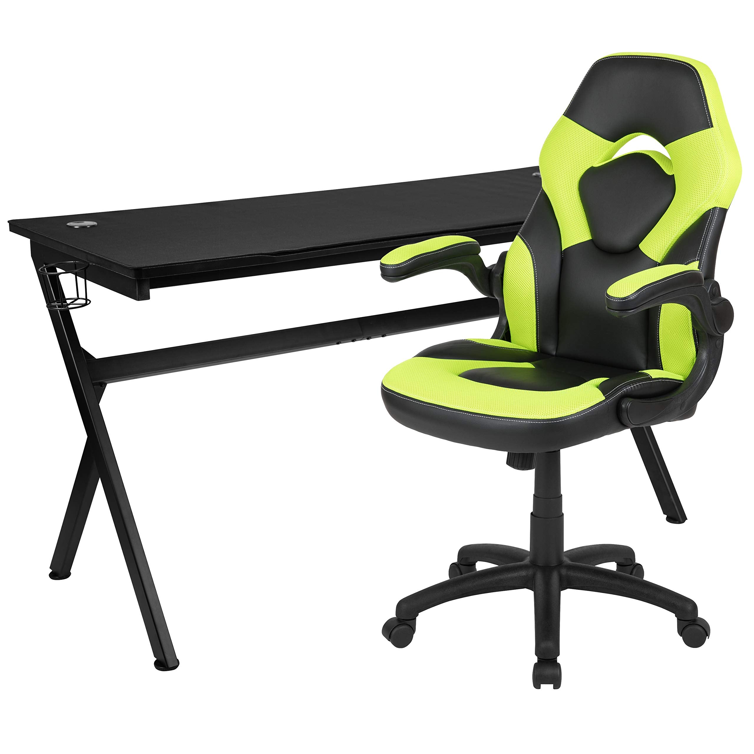 Flash Furniture Gaming Desk And Green/Black Racing Chair Set /Cup Holder/Headphone Hook/Removable Mouse Pad Top - 2 Wire Management Holes