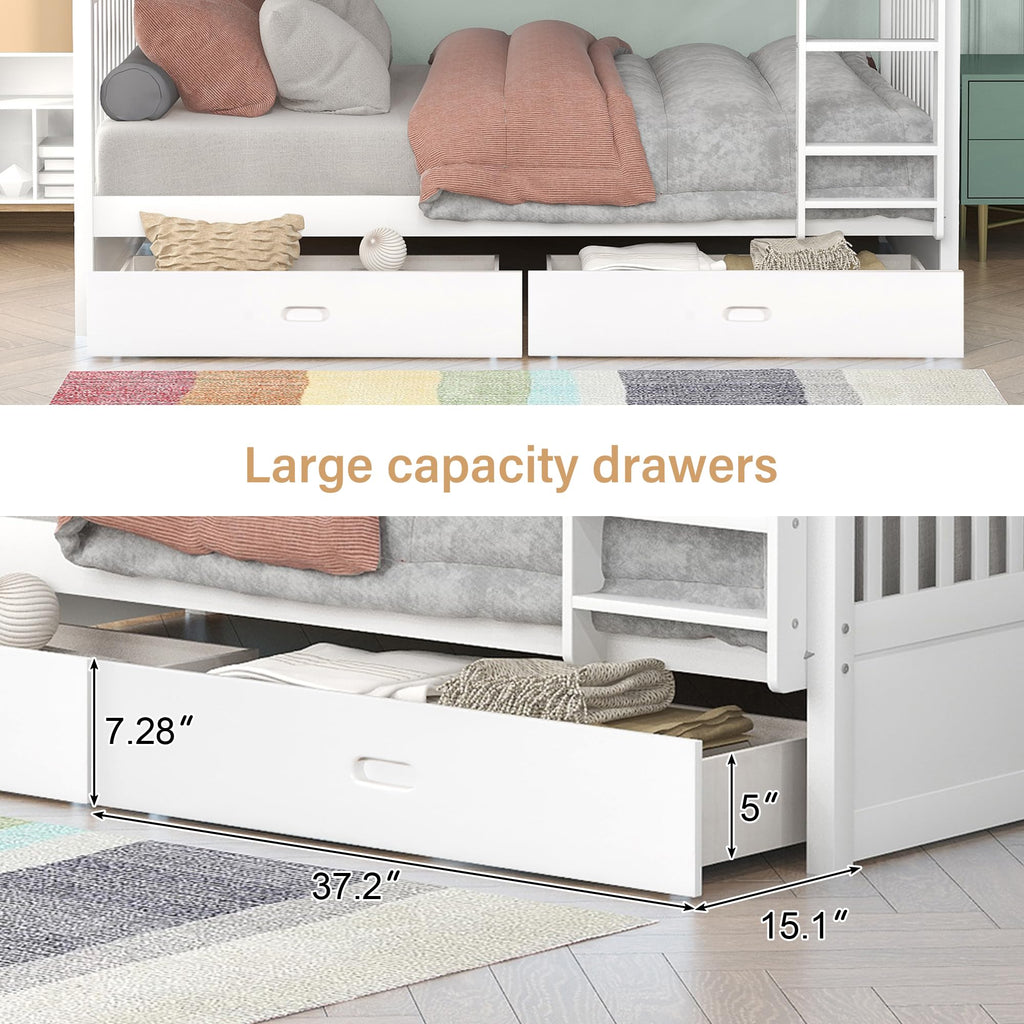 Merax Wood Bunk Bed With Drawers,Convertible Wood Bunk Bed With Ladders And Two Storage Drawers,Solid Wood Detachable Bunk Bed Frame With Ladders,Twin Over Twin Size,White