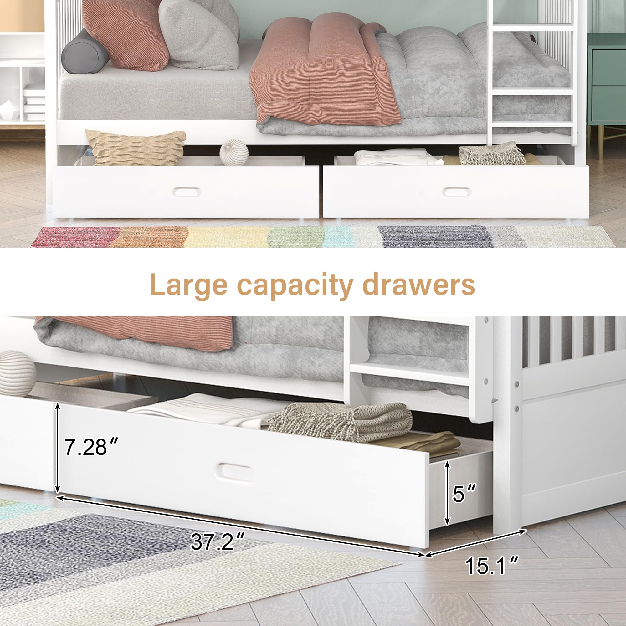 Merax Wood Bunk Bed With Drawers,Convertible Wood Bunk Bed With Ladders And Two Storage Drawers,Solid Wood Detachable Bunk Bed Frame With Ladders,Twin Over Twin Size,White