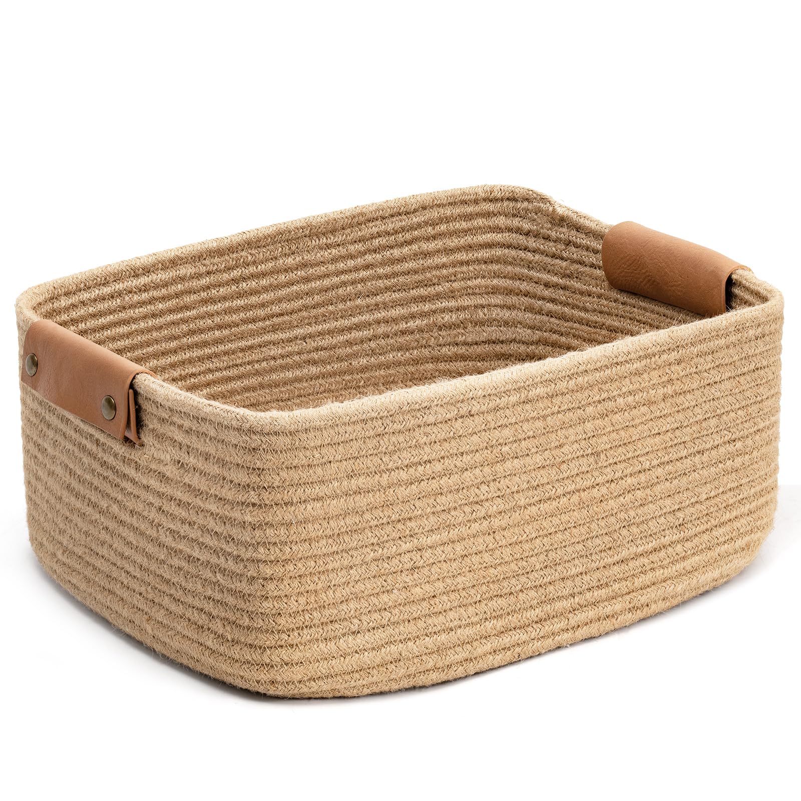 CHICVITA Rectangle Jute Rope Woven Basket with Handles for Books, Magazines, Toys - Decorative Rectangle Basket for Baby Nursery