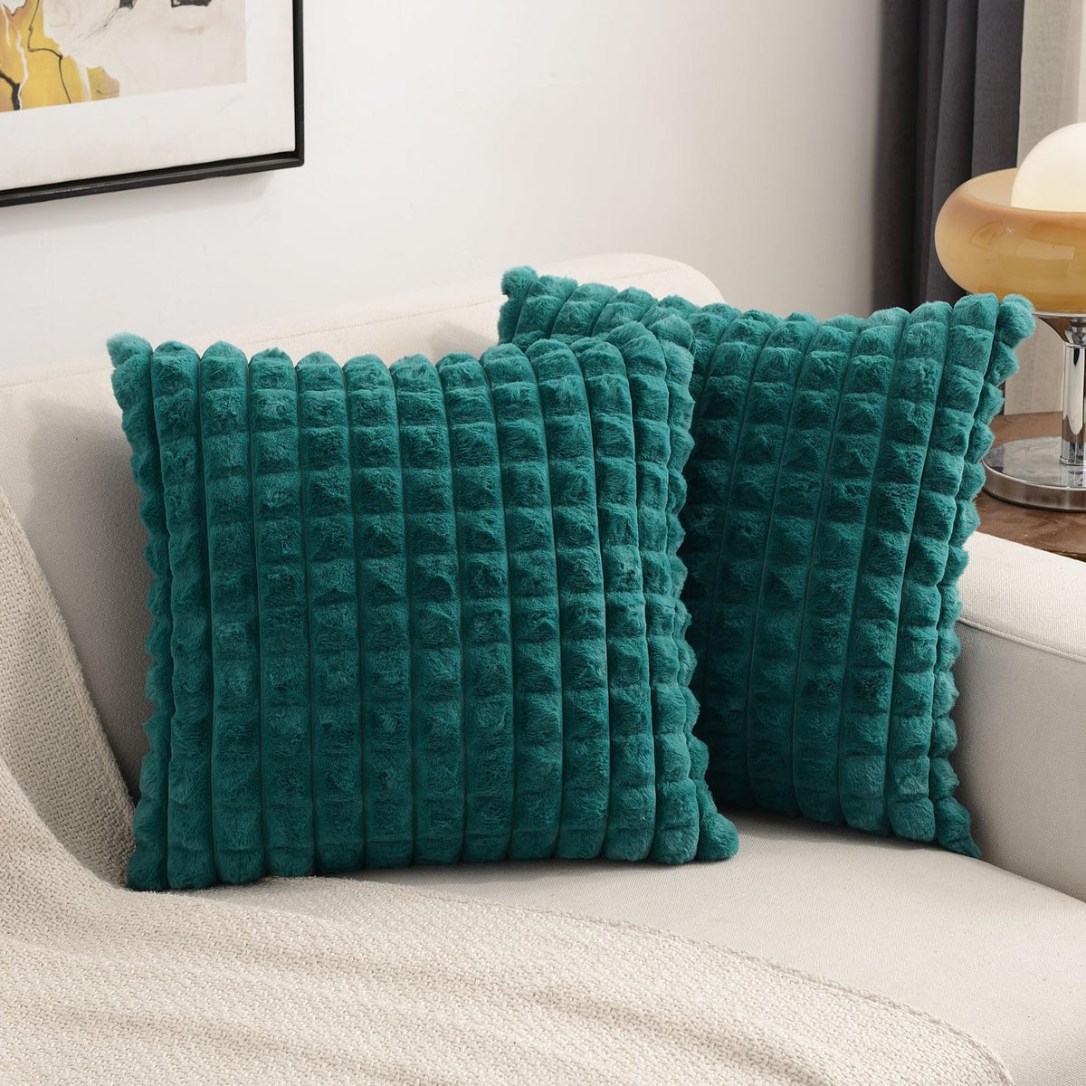 Futei Teal Decorative Throw Pillow Covers 20X20 Inch Set Of 2,Square Cushion Case,Fluffy Faux Rabbit Fur Plaid & Soft Velvet Bac