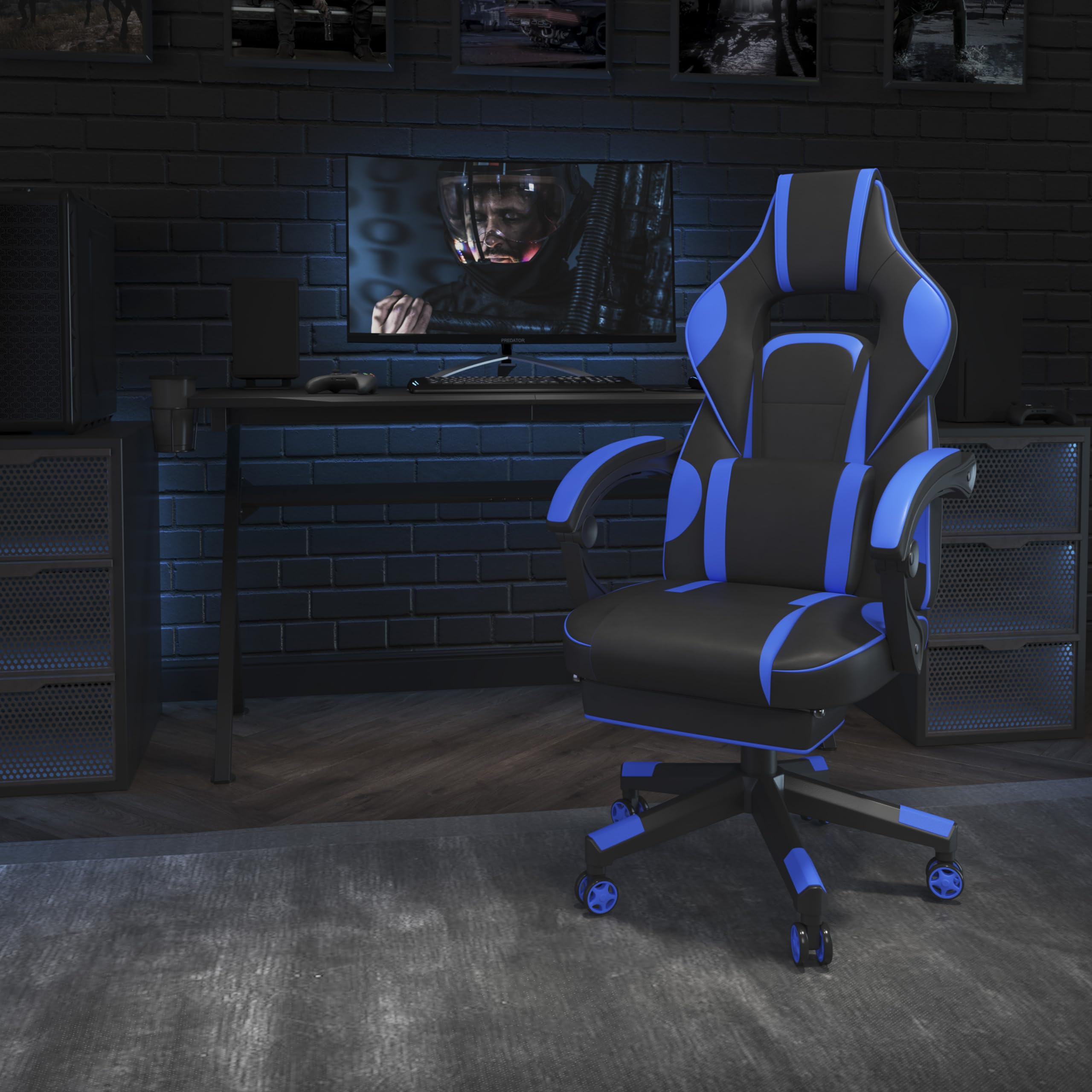Flash Furniture X40 Gaming Chair Racing Ergonomic Computer Chair with Fully Reclining Back/Arms, Slide-Out Footrest, Massaging Lumbar - Black/Blue