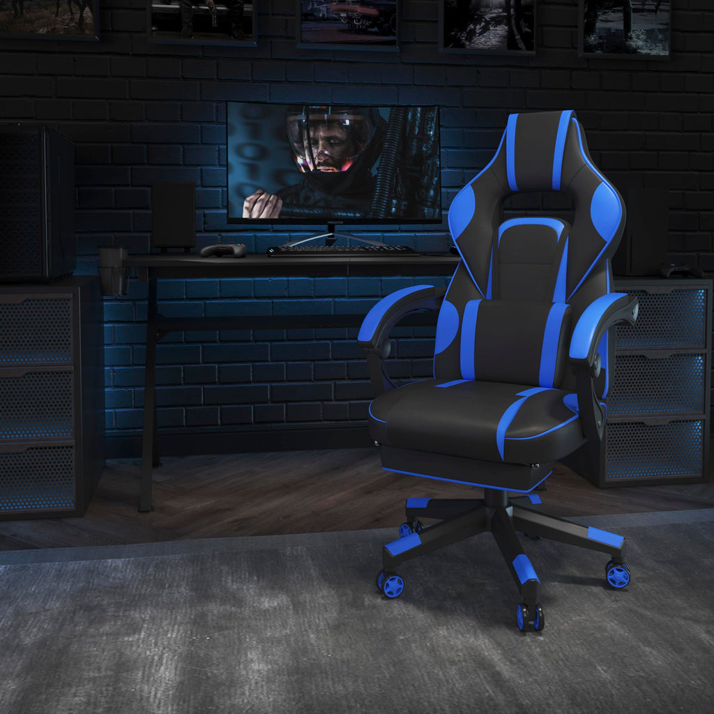 Flash Furniture X40 Gaming Chair Racing Ergonomic Computer Chair with Fully Reclining Back/Arms, Slide-Out Footrest, Massaging Lumbar - Black/Blue