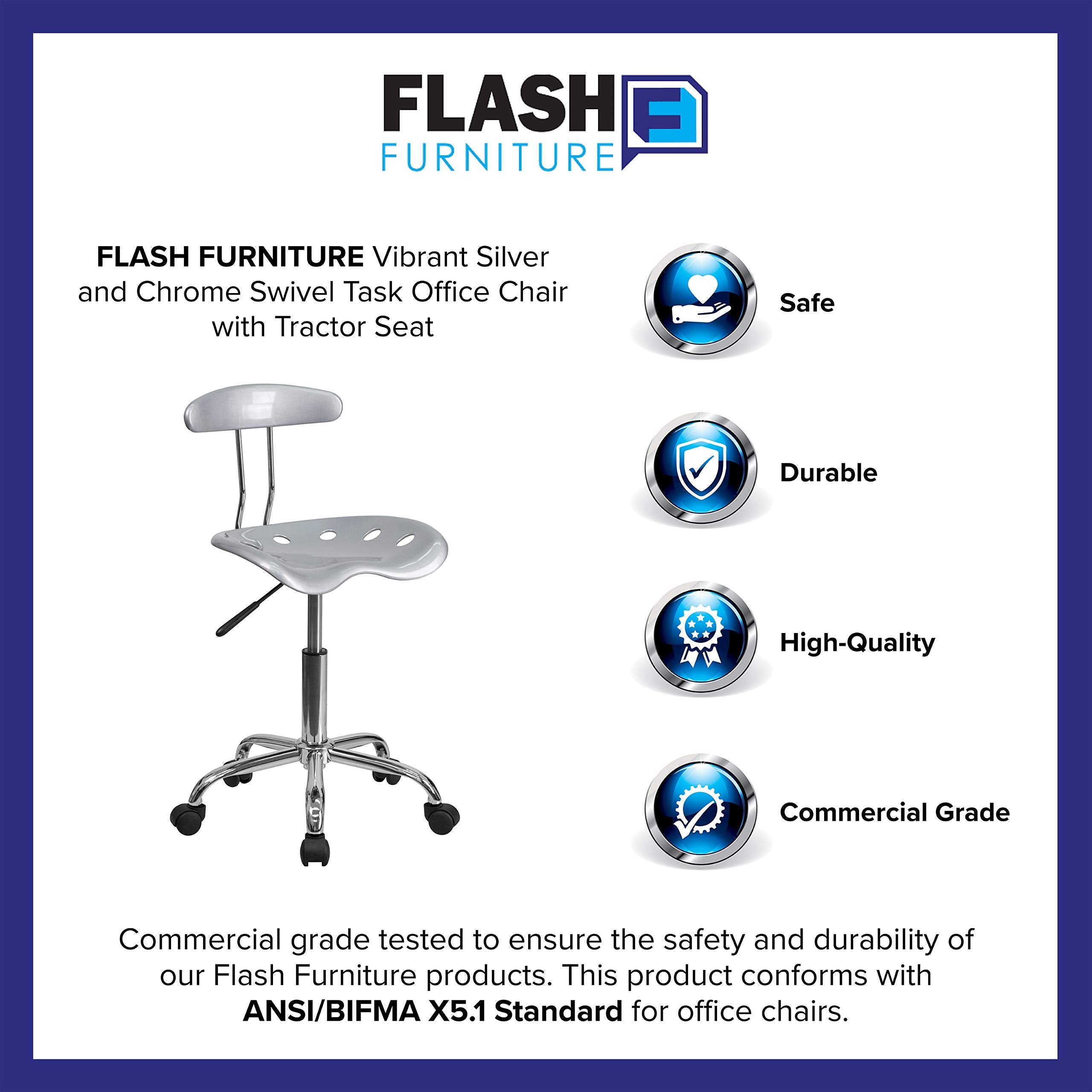 Flash Furniture Elliott Vibrant Silver and Chrome Swivel Task Office Chair with Tractor Seat
