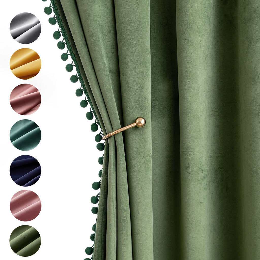 MIULEE Olive Green Pom Pom Velvet Curtains for Bedroom/Living Room Darkening Thermal Insulating 96 Inches Long Blackout Curtains