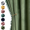 MIULEE Olive Green Pom Pom Velvet Curtains for Bedroom/Living Room Darkening Thermal Insulating 96 Inches Long Blackout Curtains