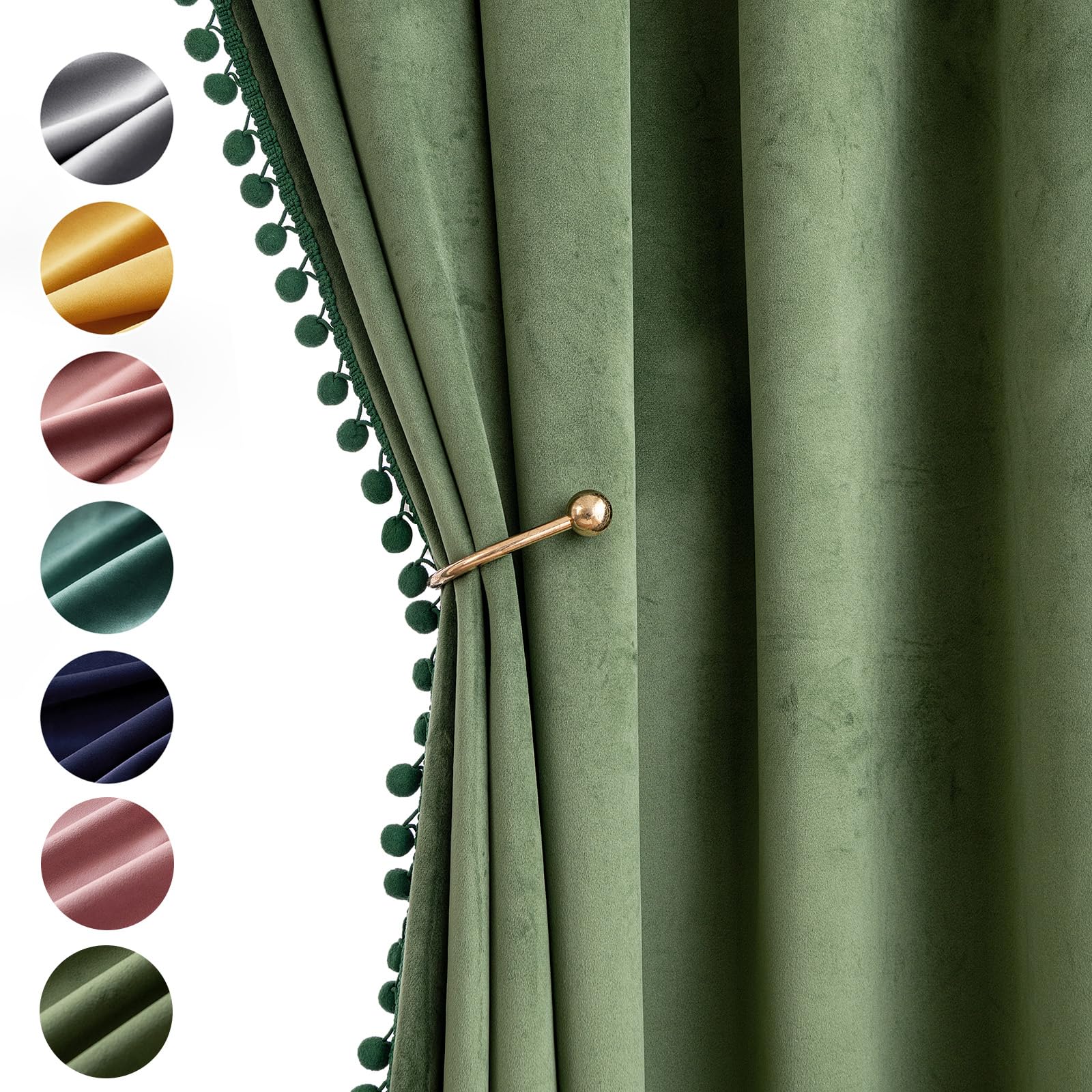 MIULEE Olive Green Pom Pom Velvet Curtains for Bedroom/Living Room Darkening Thermal Insulating 84 Inches Long Blackout Curtains