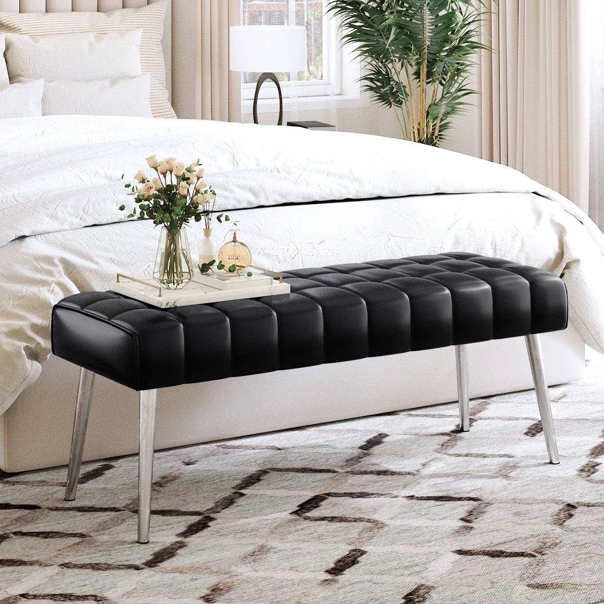 Lue Bona 44.5” End Of Bed Bench, Faux Leather Tufted Upholstered Bedroom Bench, Modern Ottoman Bench With Metal Legs Storage For Living Room, Entryway, Dining Room, 300Lb, Black