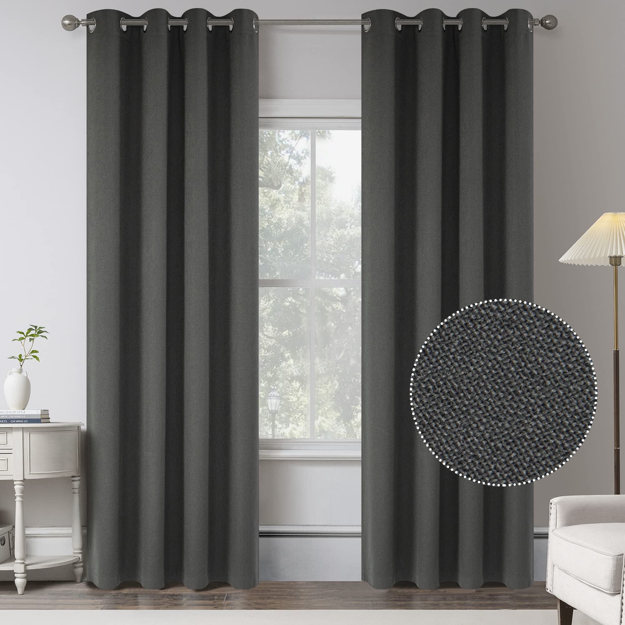 Retro Charcoal Grey Linen 100% Blackout Curtains For Bedroom - 95 Inches Long Energy Saving Thermal Insulated Window Treatment C