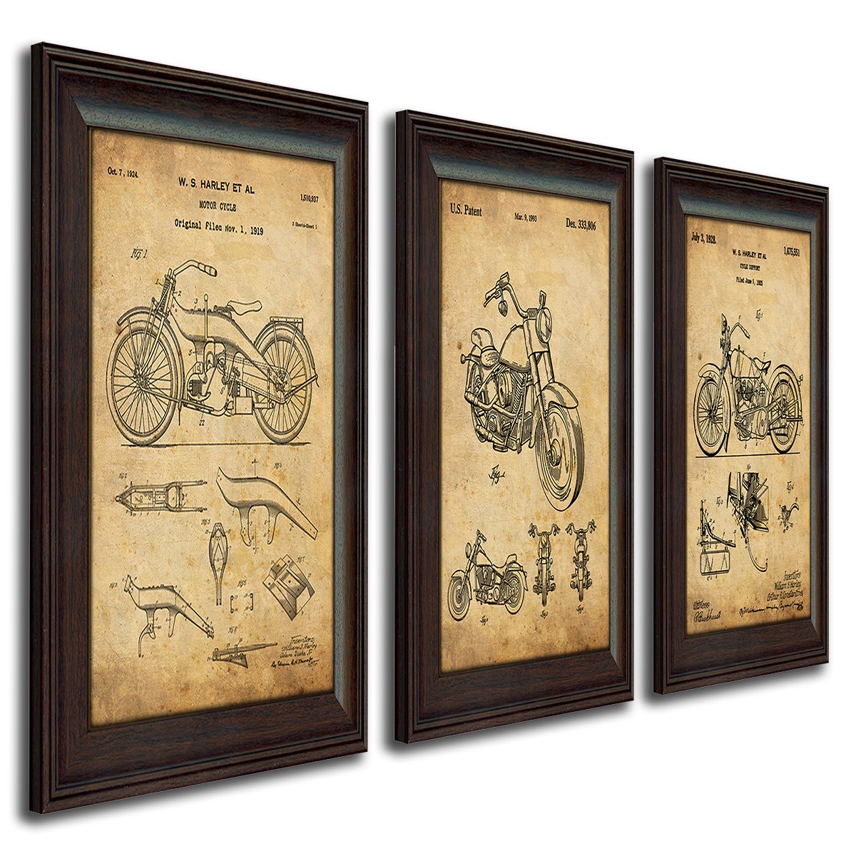 Harley Davidson Patent Prints - Framed Behind Glass 14x17 (Three Bikes - 3pc Set)