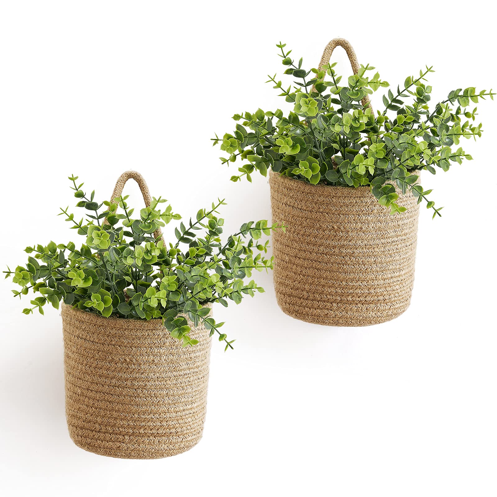 Dahey 2 Pack Wall Hanging Rope Basket with Artificial Eucalyptus Farmhouse Decor, Jute Woven Storage Organizer Flower Plants Bas
