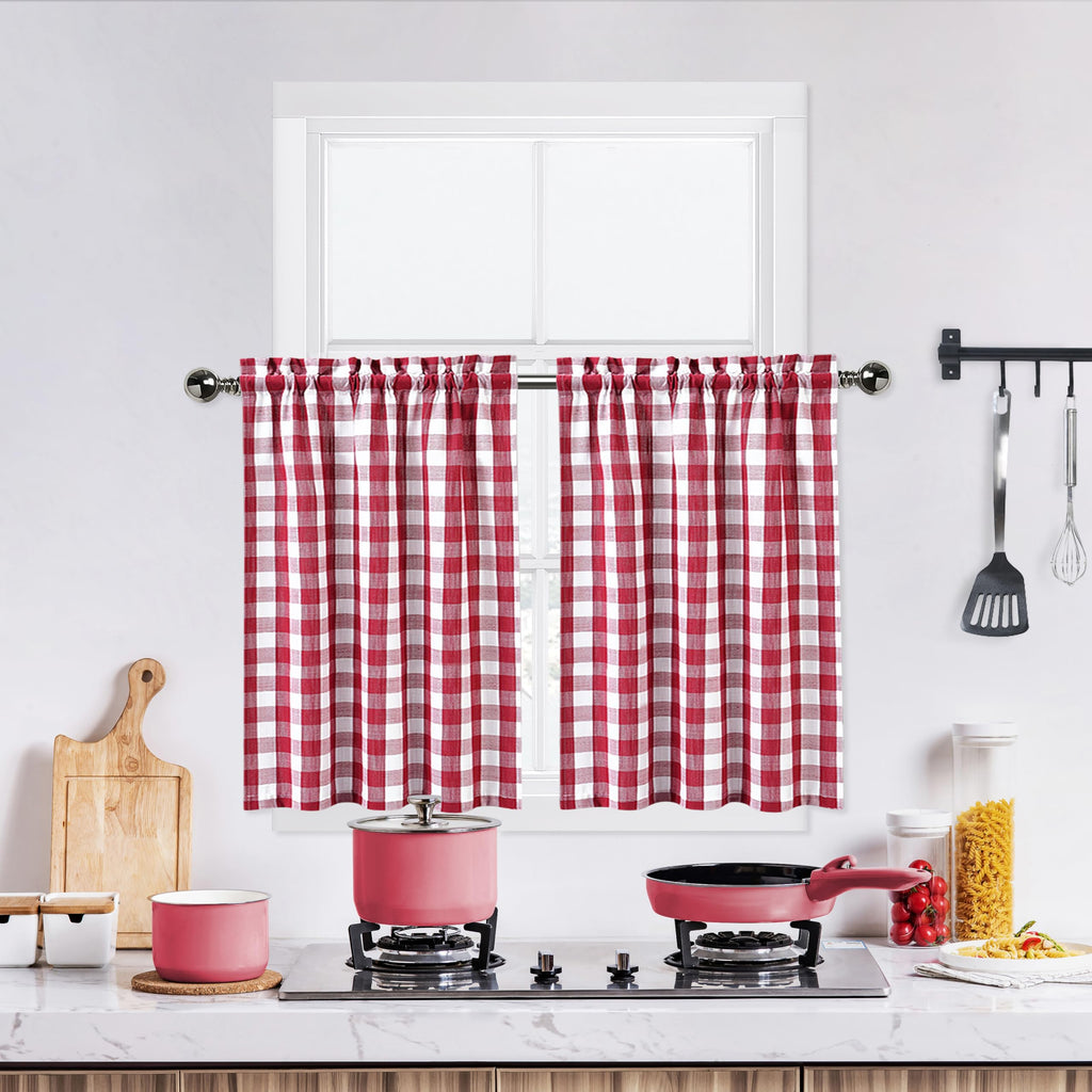 Bapawfish Red White Cafe Kitchen Curtains 45 Inches Length,Burgundy Buffalo Check Pattern Short Bathroom Window Curtain, Plaid G