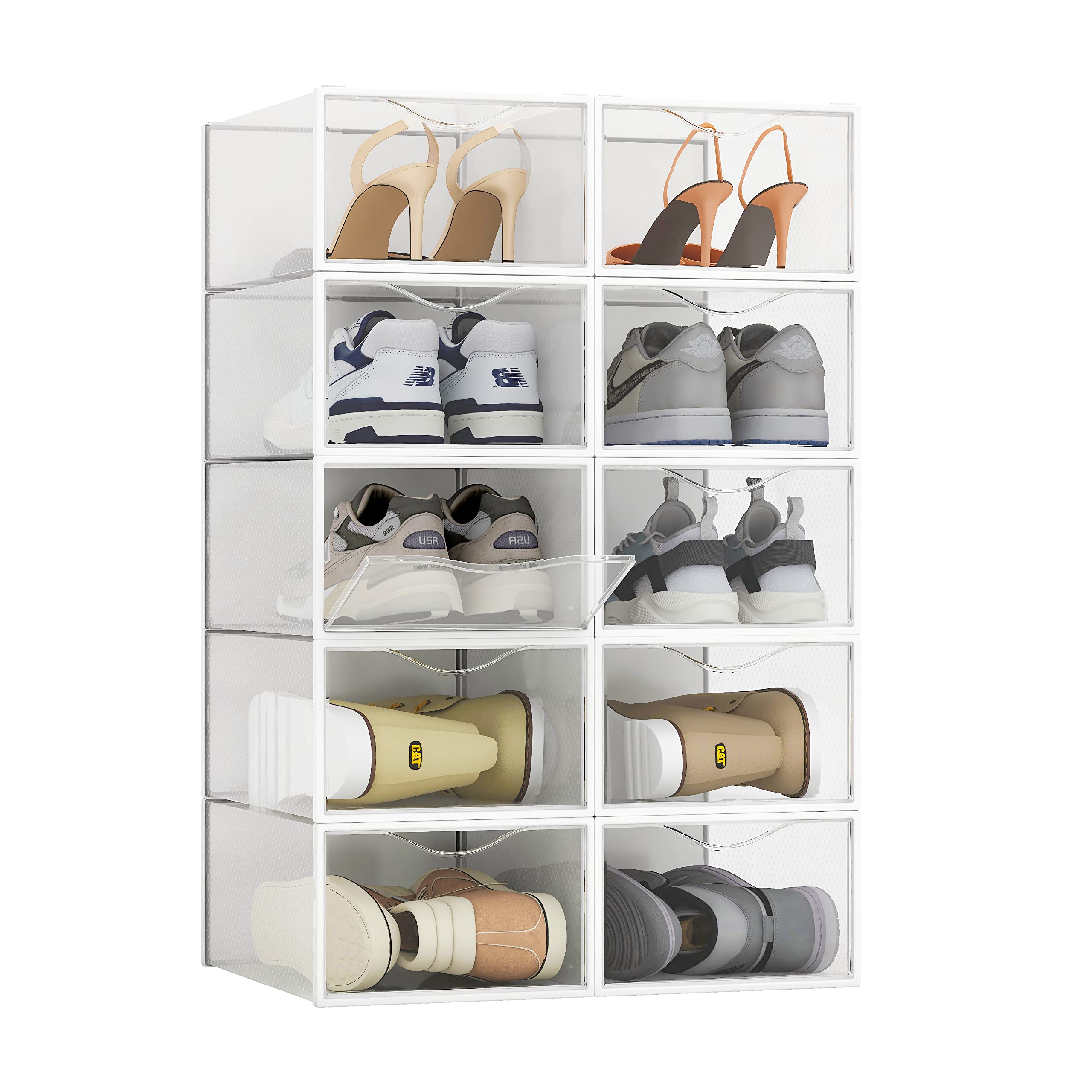 10 Pack Shoe Storage Boxes, Clear Plastic Stackable Shoe Organizer Bins, Drawer Type Front Opening Sneaker Shoe Holder Container