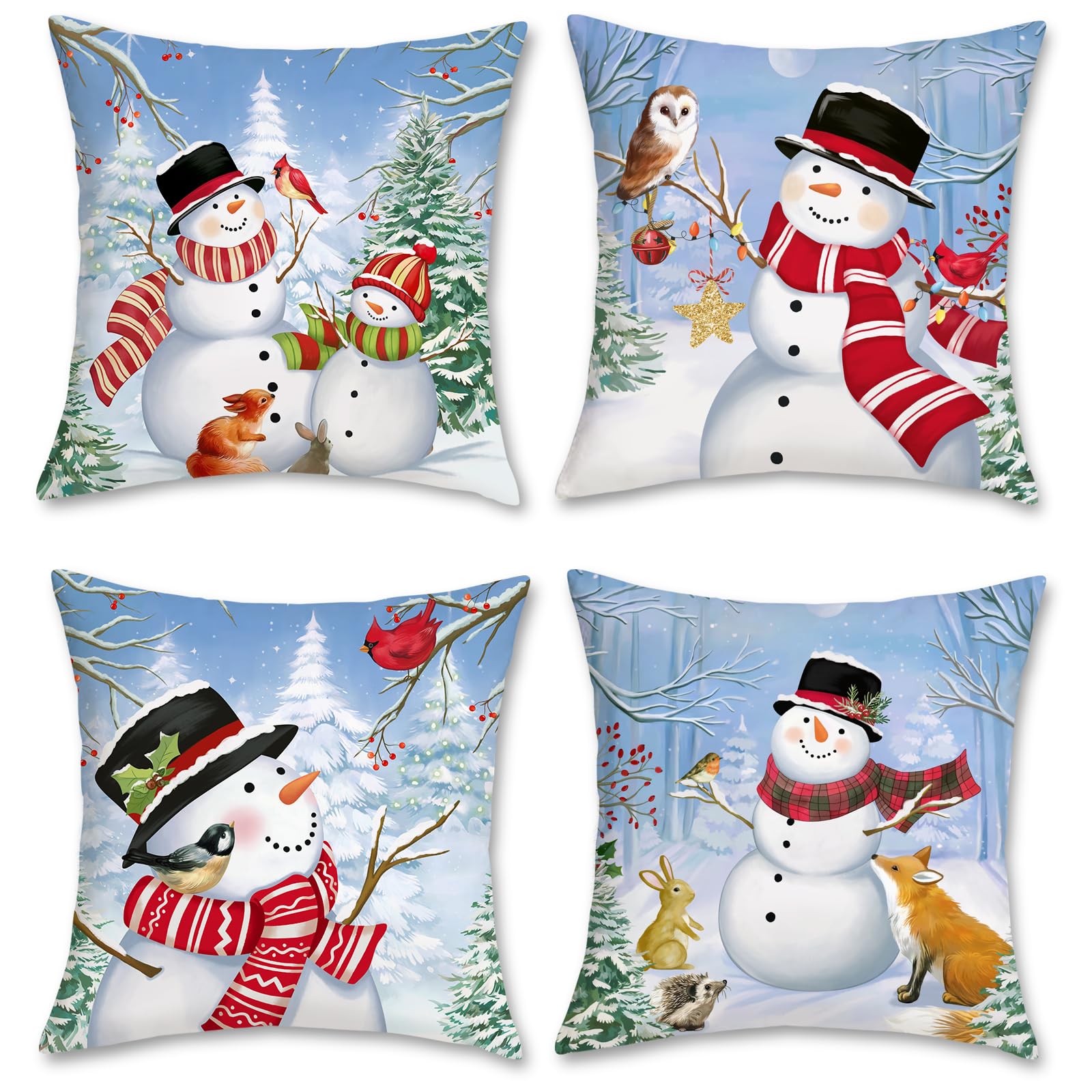 Bonhause Winter Snowman Throw Pillow Covers 18X18 Inch Snowy Pine Tree Winter Holiday Decorative Pillows For Couch Sofa Bed Home