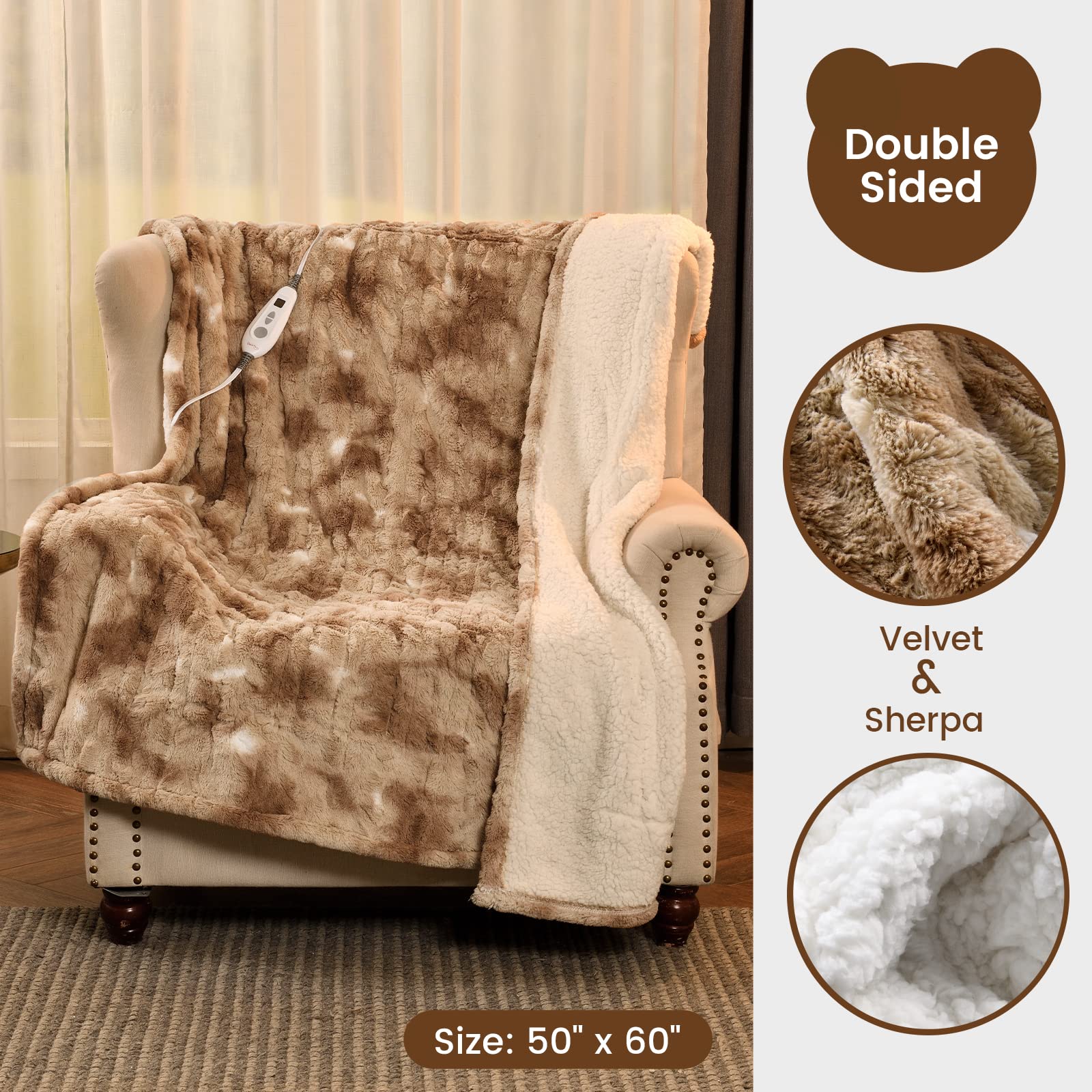 Bearhug Electric Throw Blanket 50' X 60', Faux Fur & Sherpa Heated Throw, 6 Heating Levels & 4H Auto Off, Over-Heat Protect, E