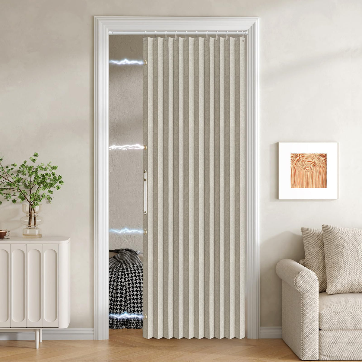 JILRON 100% Blackout Fabric Folding Door Curtain with Magnetic Closure - Accordion Style for Sliding Doors, Closets,Wardrobe and Temporary Door Solutions Doorway Curtains(W42 x L78, Off White 1 Panel)