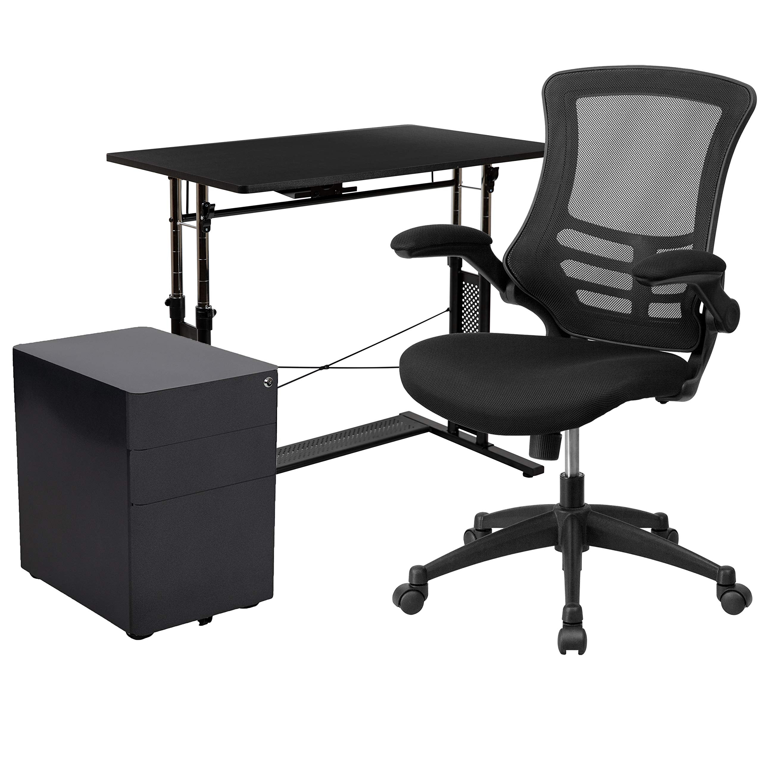 Flash Furniture Work From Home Kit - Adjustable Computer Desk, Ergonomic Mesh Office Chair And Locking Mobile Filing Cabinet With Side Handles