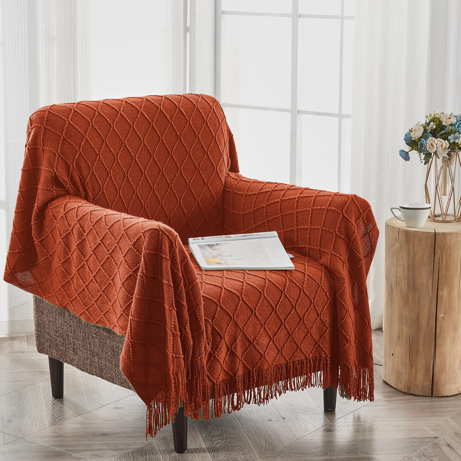 Inhand Knitted Throw Blankets For Couch And Bed, Soft Cozy Knit Blanket With Tassel, Orange Rust Lightweight Decorative Blankets