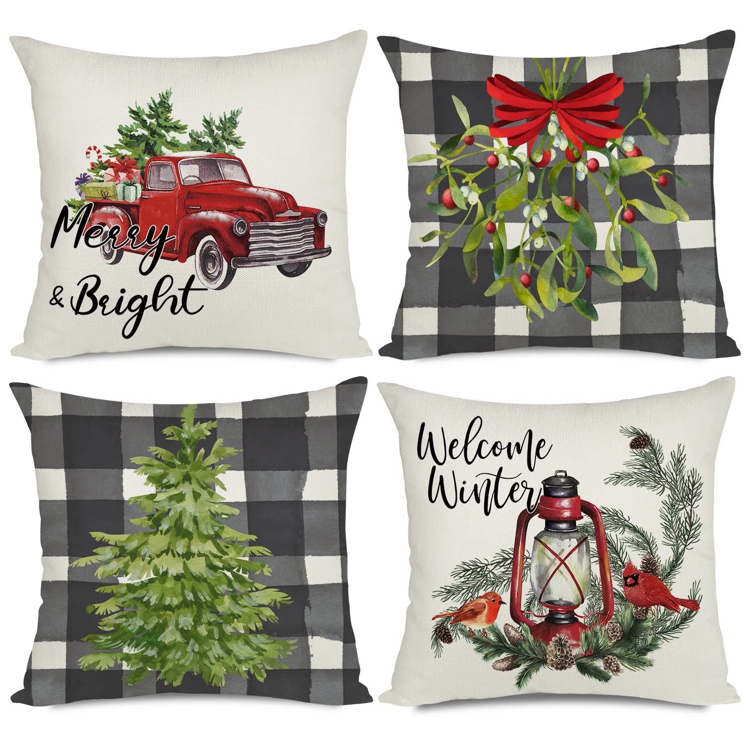 Artmag Christmas Pillow Covers 20X20 Set Of 4, Decorative Farmhouse Welcome Winter Merry Bright Buffalo Plaid Truck Merry Christ