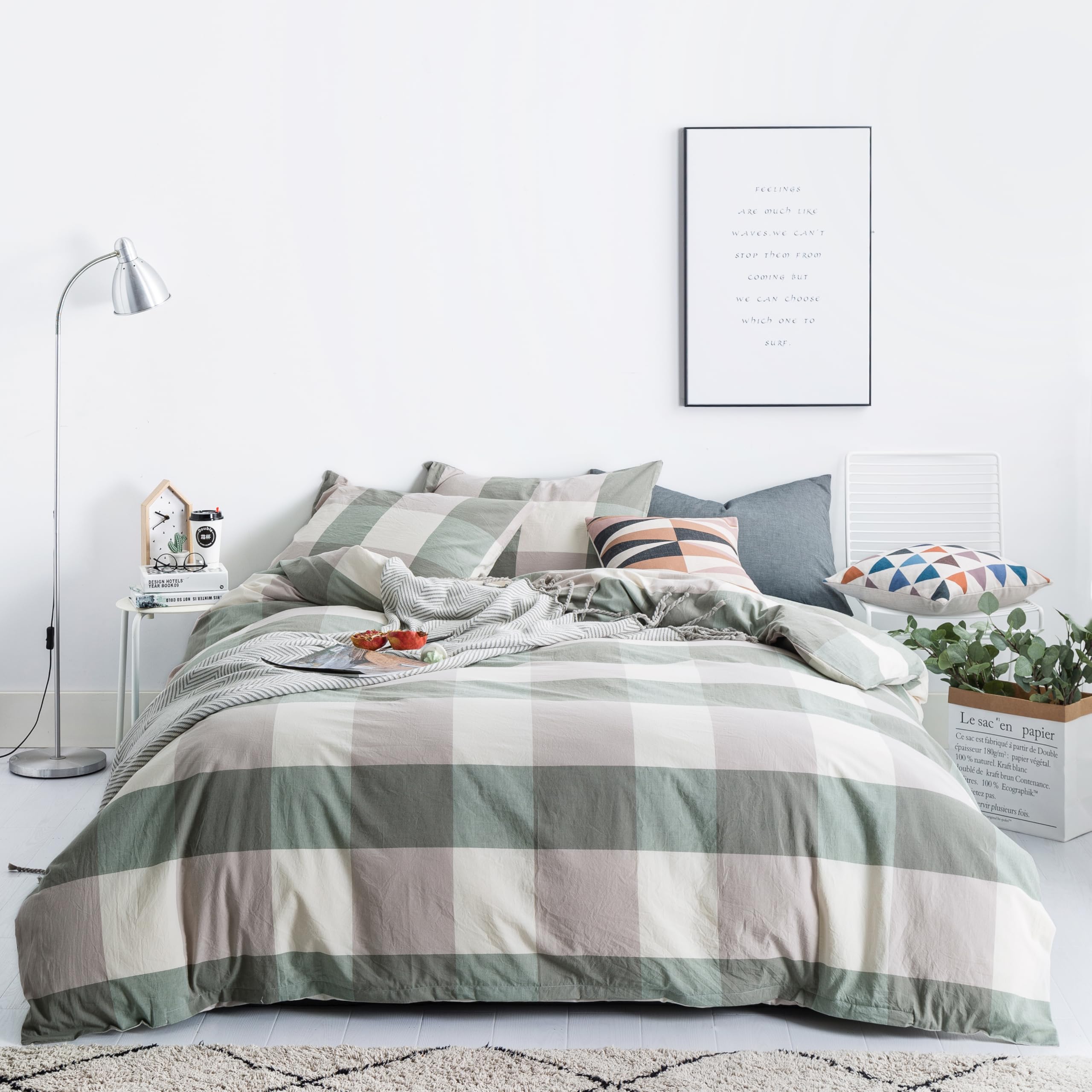 Susybao Green Checkered Duvet Cover King 100% Washed Cotton Classic Plaid Duvet Cover 3 Pieces Set 1 Rustic Beige Checked Duvet