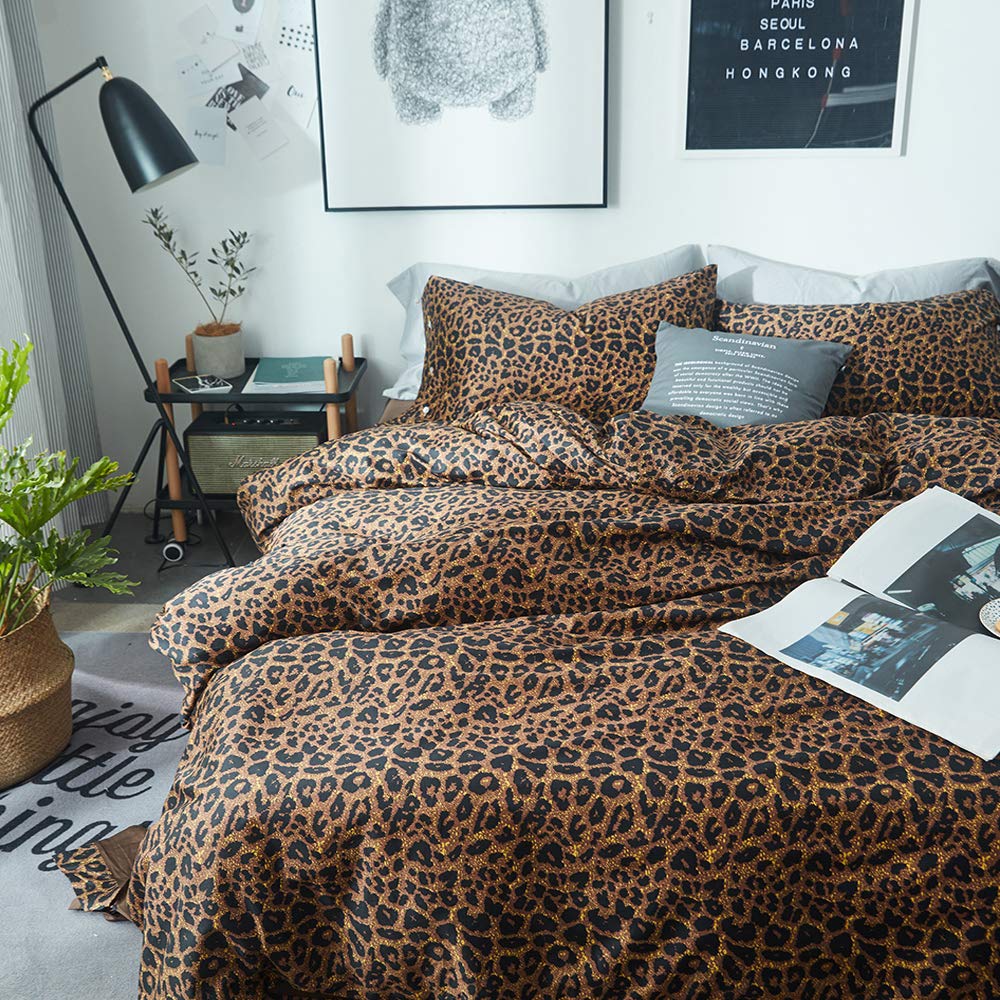Mixinni Leopard Print Duvet Cover King Size Long Staple Cotton Bedding Set With Zipper Closure Ties, Perfect For Man And Woman,