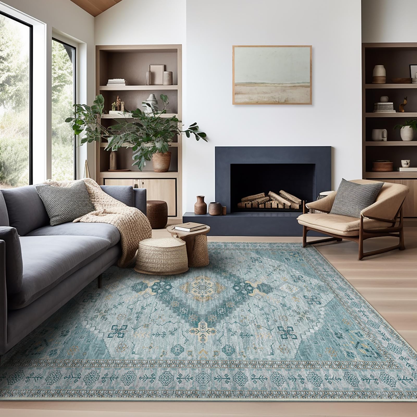 Ashler Vintage Rugs, 4x6 Boho Rug, Rugs for Living Room, Bedroom, Kitchen, Dinner, Light Cyan/Blue Home Decor, Non-Slip & Machin