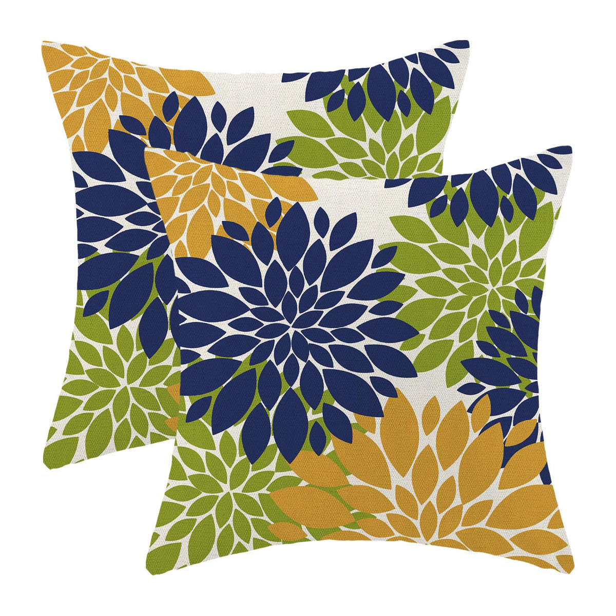 Navy Blue Summer Outdoor Pillow Covers 18X18 Inch Set Of 2 Mustard Yellow Green Dahlia Floral Decor Throw Pillows Modern Geometr