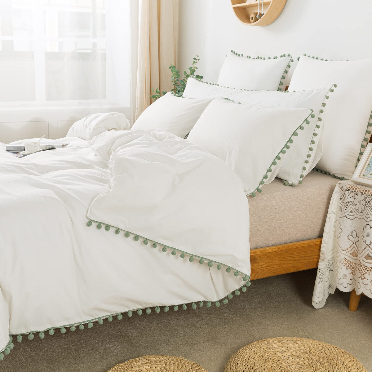 Softta Boho Bedding Queen Green Vintage Pom-Fringe Pompom Duvet Cover 3 Pcs Bohemian Quilt Cover 100% Washed Cotton Baby Teen Gi