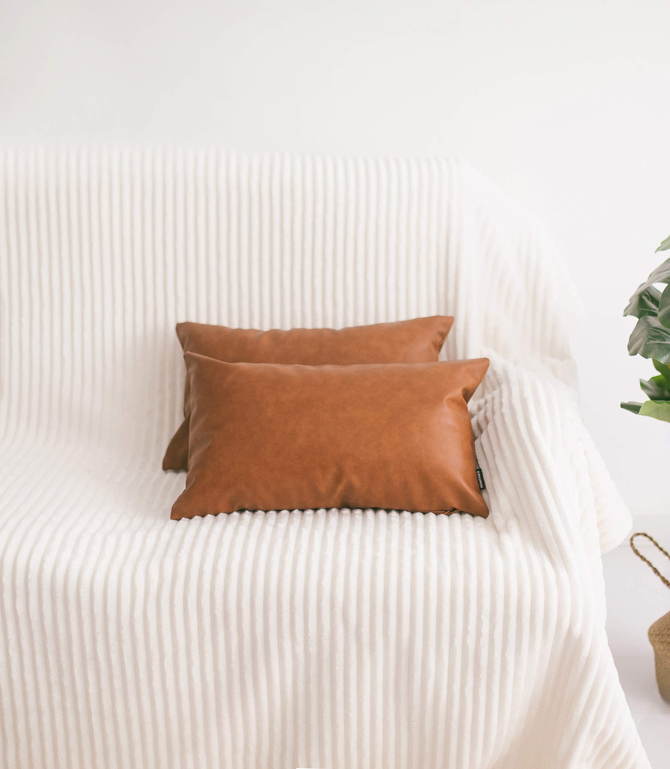 Homfiner Faux Leather Lumbar Throw Pillow Cover 12X20 Decorative Bedroom Living Room Modern Boho Accent Rectanglar Cognac Brown