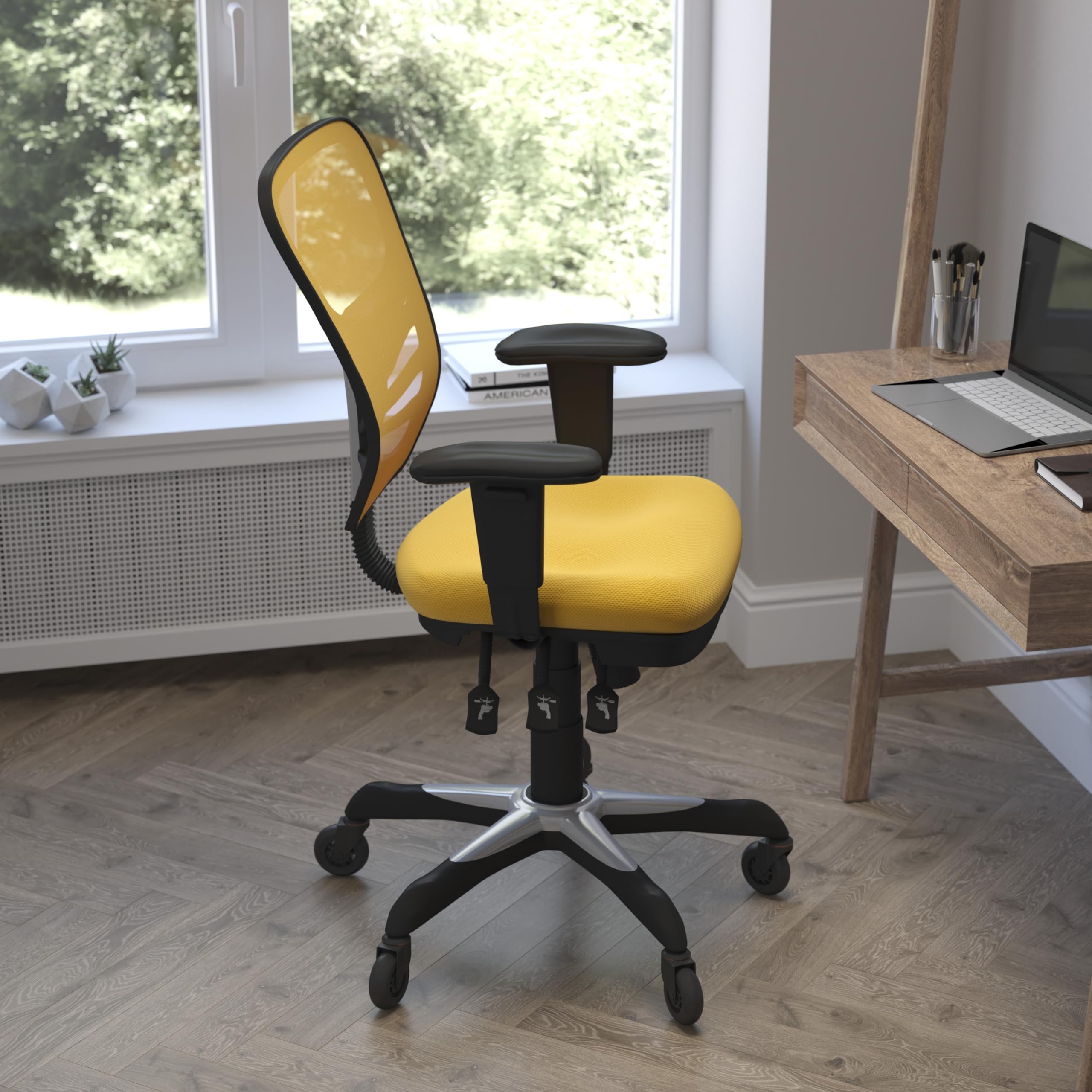 Flash Furniture Nicholas Mid-Back Yellow-Orange Mesh Multifunction Executive Swivel Ergonomic Office Chair With Adjustable Arms And Transparent Roller Wheels