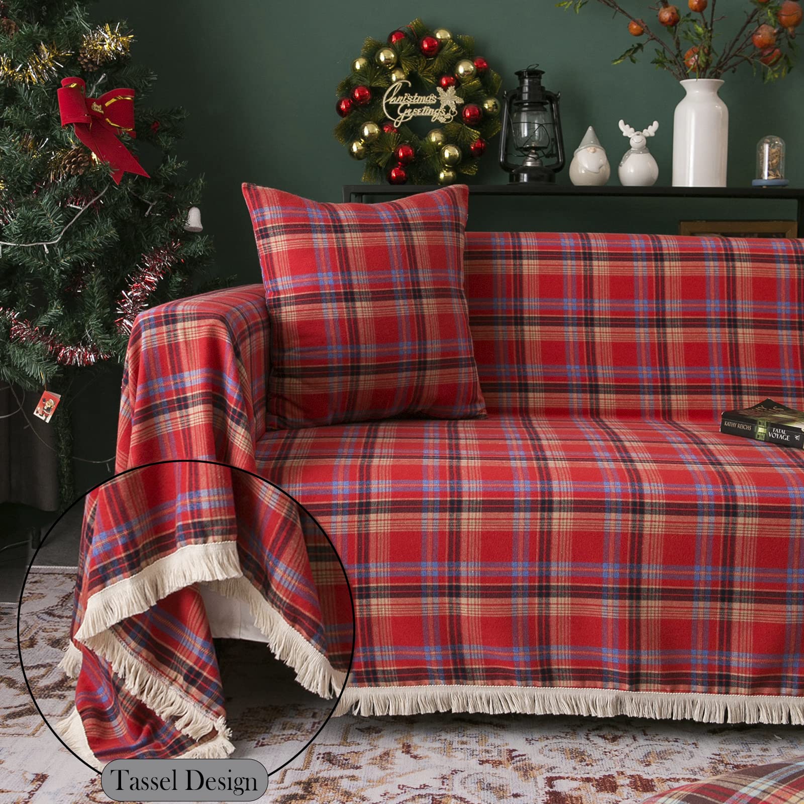 Handontime Red Plaid Couch Cover Christmas Decorations, Sofa Cover For Couch Buffalo Check Sectional Couch Covers For Dogs Cats Red And Black Grid 3 Seater Couch Cover Couch Cushion Covers, 71'X 134'