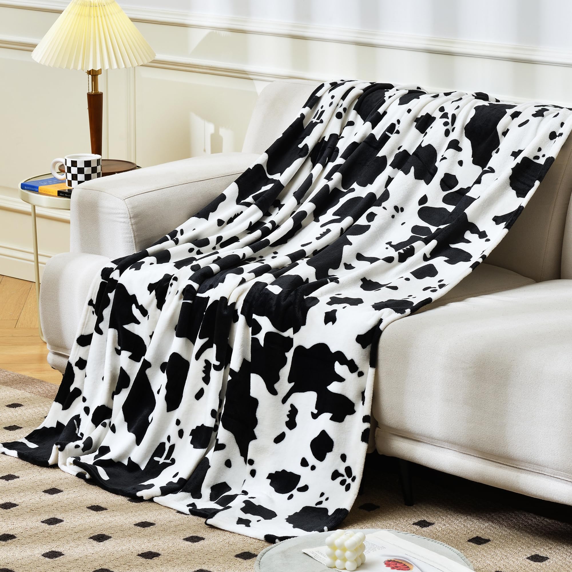 Softan Fleece Blanket - Black White Cow Print Throw Blanket Super Soft Microfiber Flannel Blankets For Couch, Bed, Sofa -Ultra L