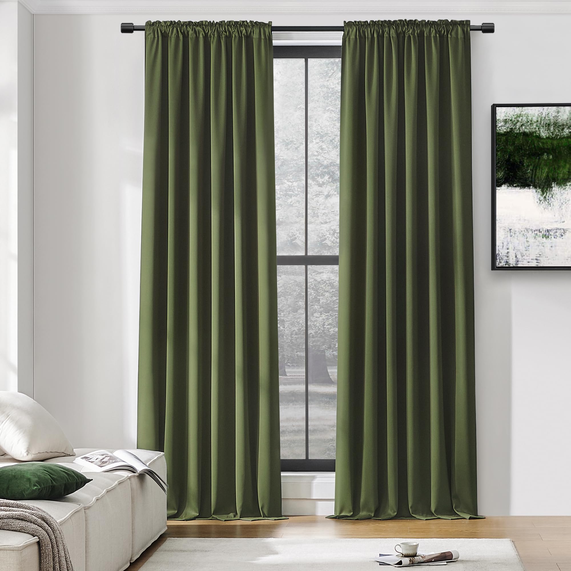 Donren 108 Inch Extra Length Blackout Curtains For Villa Bedroom, Dark Green Room Darkening Thermal Insulated Window Panels For Patio (52' Wide X 108' Long,Olive,2 Pieces)