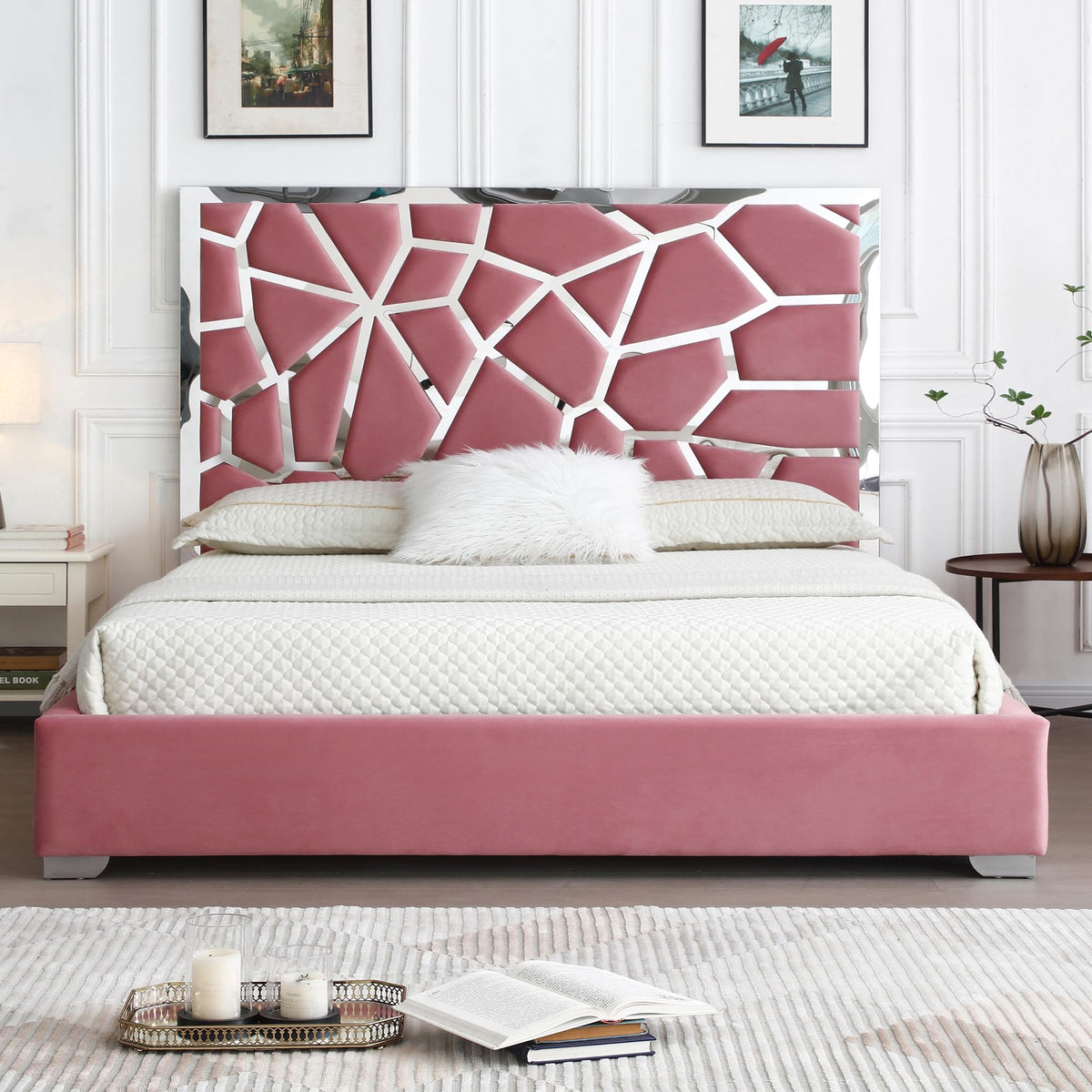 Woodpeckers Furniture And Mattress Serenity Velvet Bed with Gold Metal Frame (Pink, King)