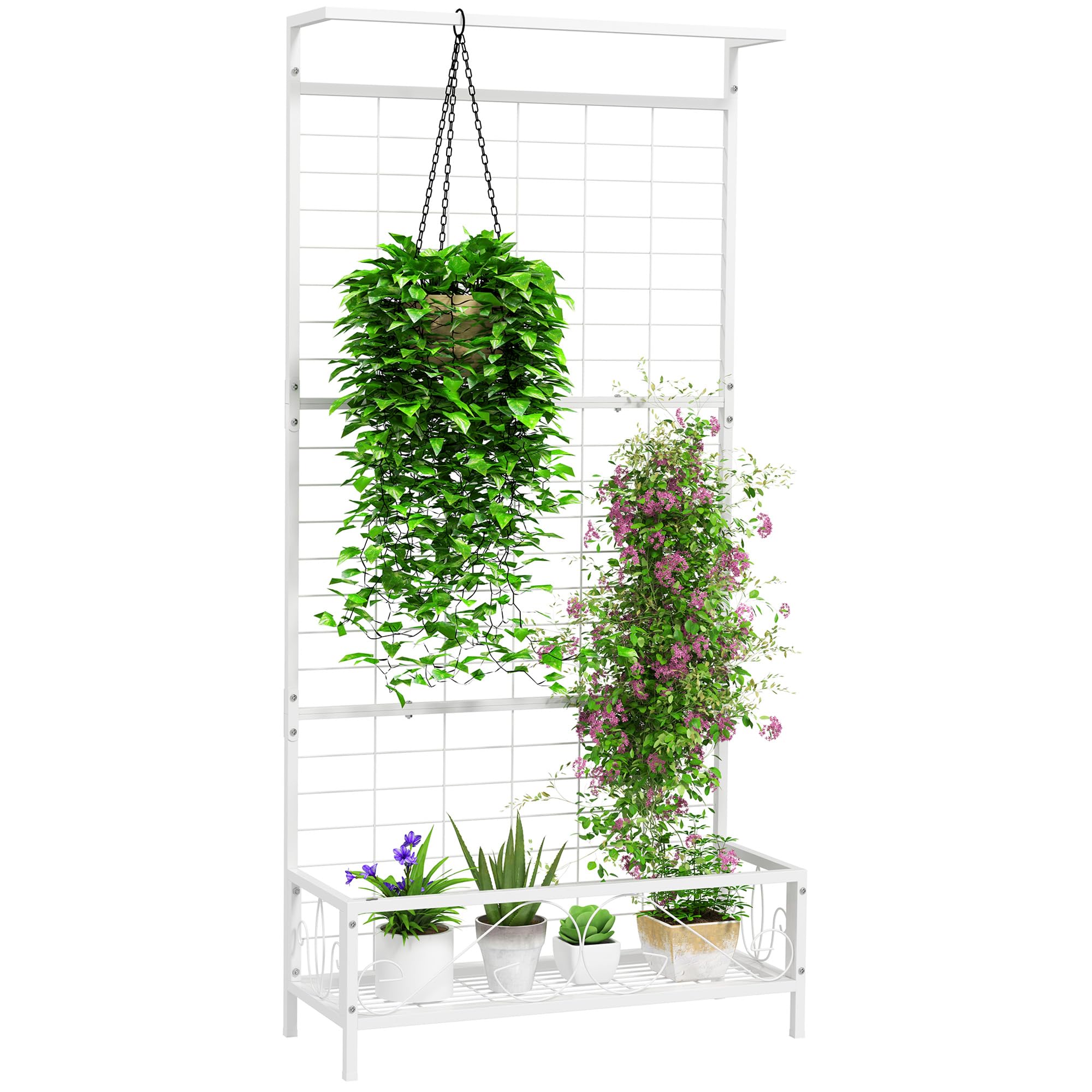 Outsunny Tall Plant Stand With Trellis And Hanging Bar, Metal Plant Holder Flower Stand For Vine Climbing Plants Flowers Indoor