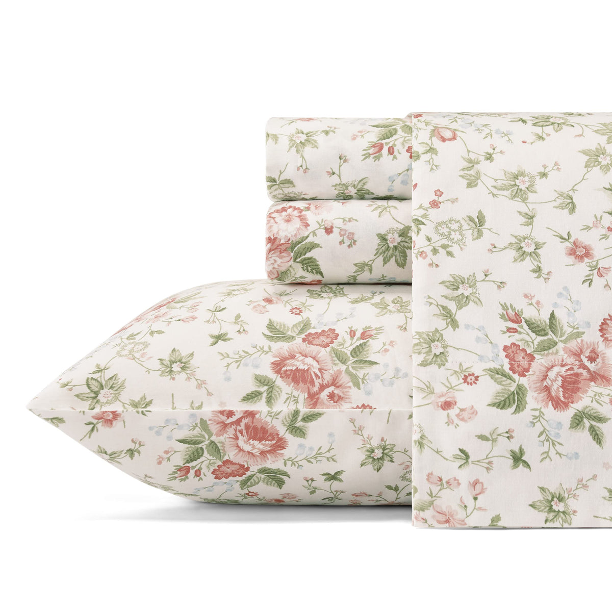 Laura Ashley Home - King Sheets, Soft Sateen Cotton Bedding Set - 4 Pieces, Sleek, Smooth, & Breathable Home Decor (Lilian Coral