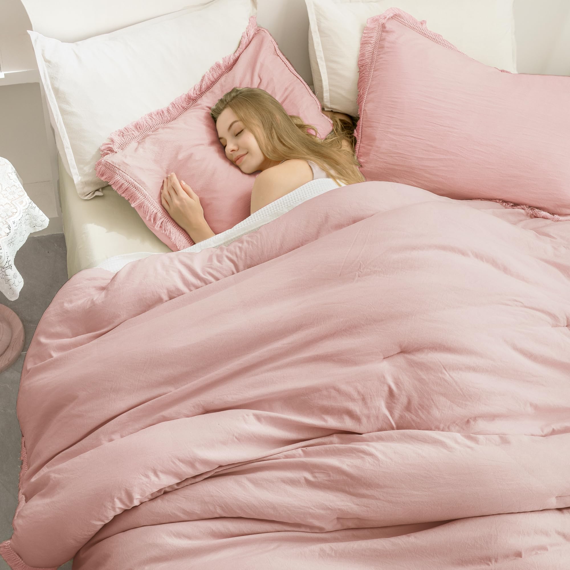 Andency Pink Comforter Set California King For Girls, Blush Boho Women Tassel Lightweight Bedding Comforter Sets, 3 Pieces All Season Soft Fluffy Fringe Bed Set (104X96In Comforter & 2 Pillowcases)
