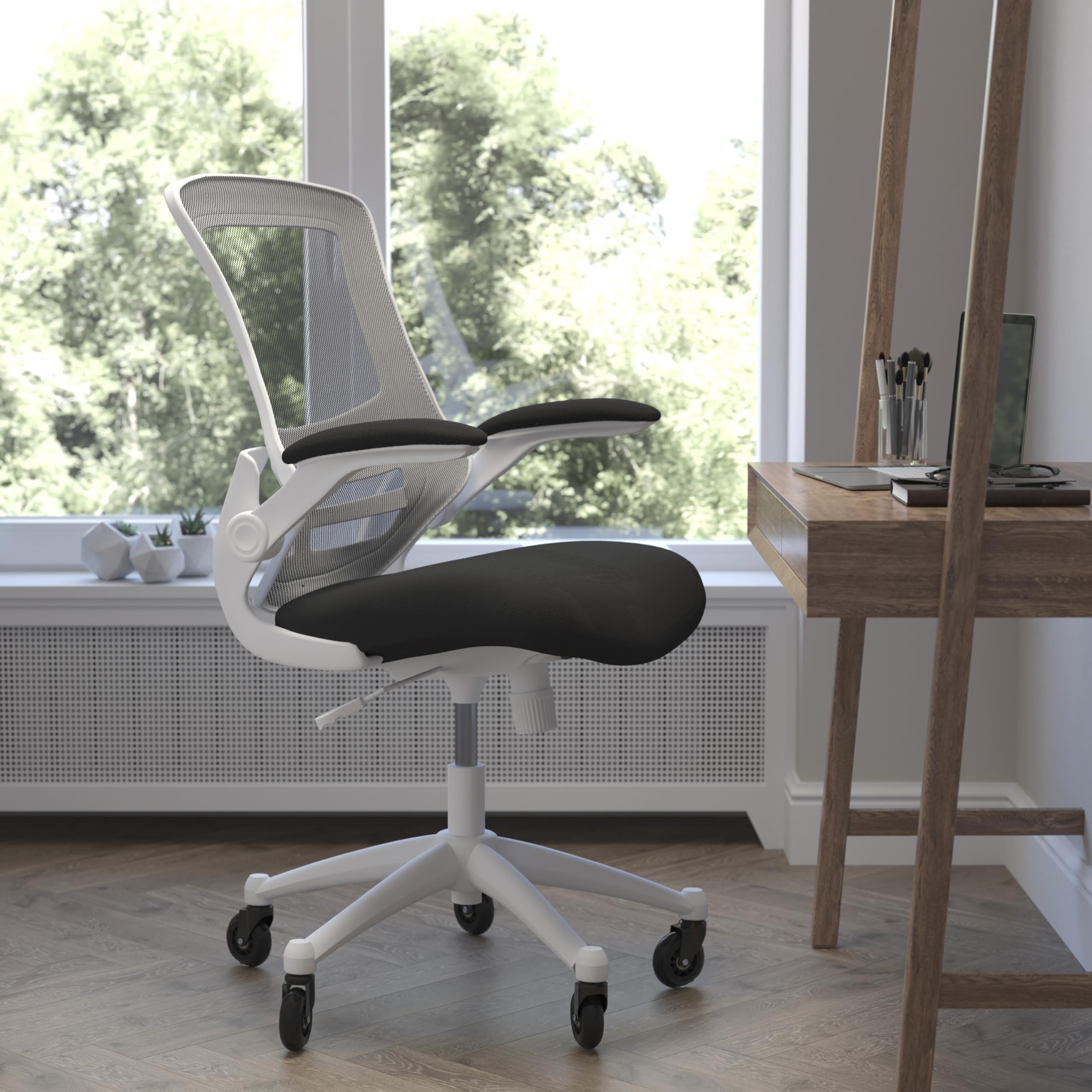 Flash Furniture Kelista Mid-Back Black Mesh Swivel Ergonomic Task Office Chair With White Frame, Flip-Up Arms, And Transparent Roller Wheels