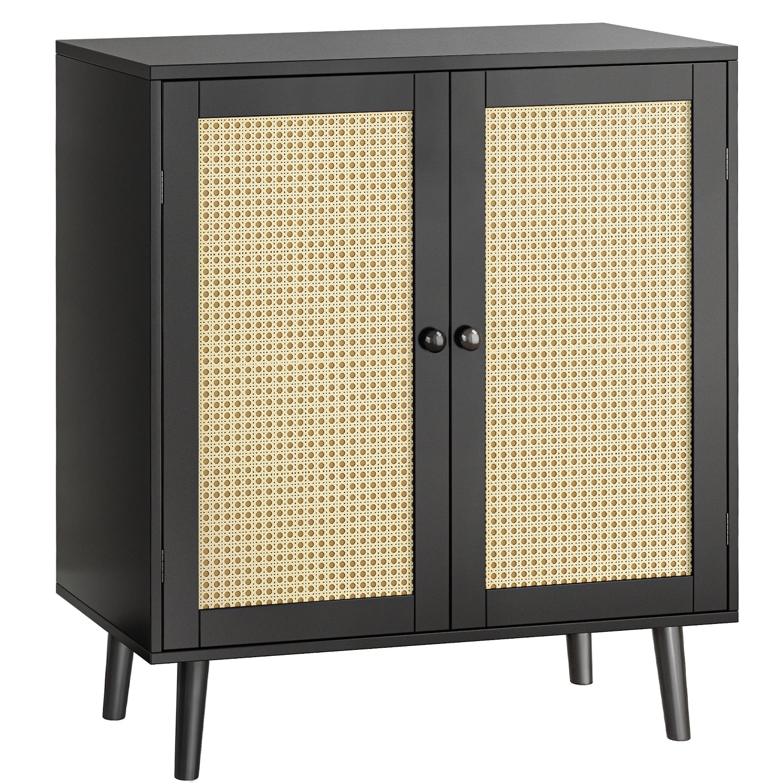 Huuger Buffet Cabinet With Storage, Storage Cabinet With Synthetic Rattan Decor Doors, Accent Cabinet With Solid Wood Feet, Sideboard Cabinet For Hallway, Entry, Living Room, Black