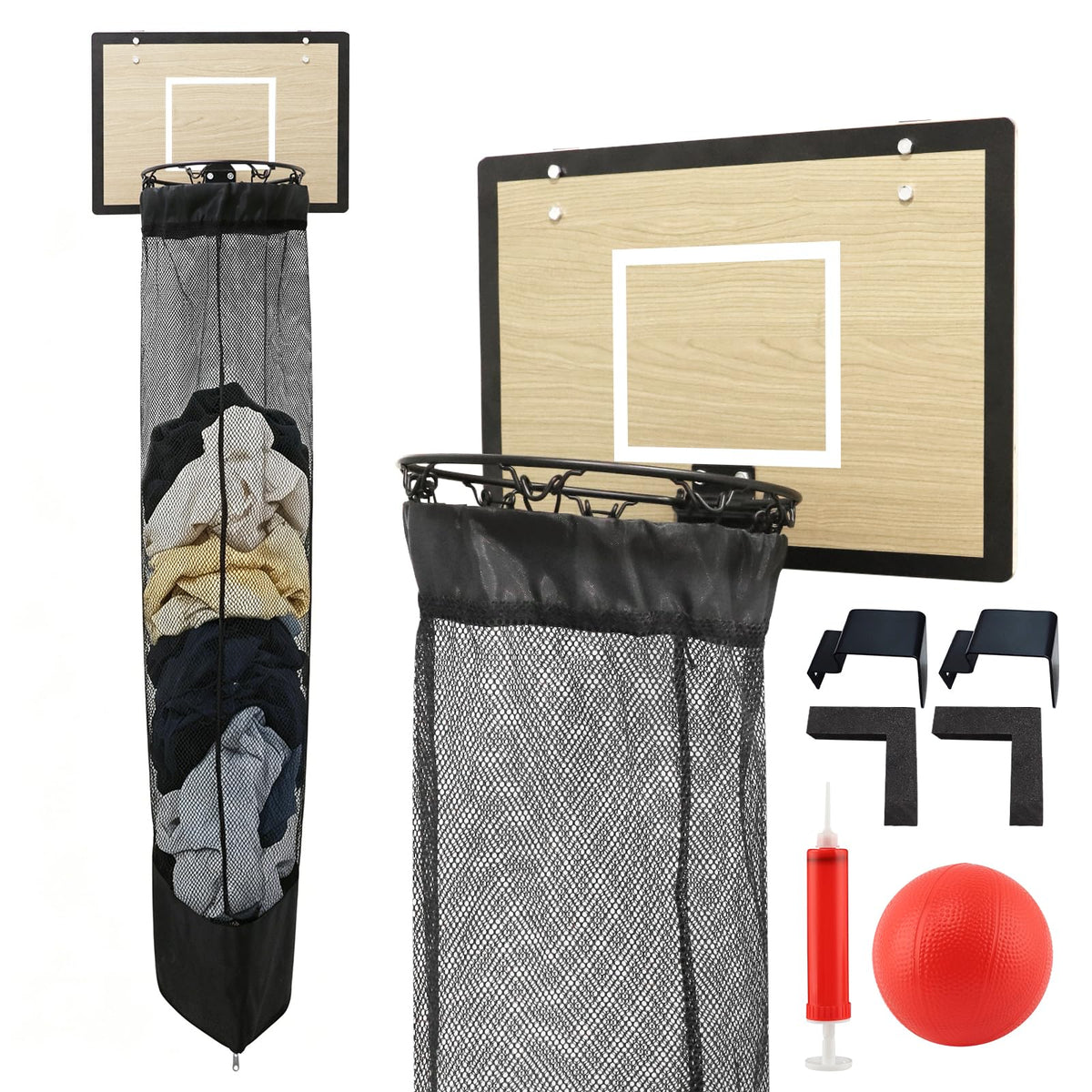 Over the Door Basketball Laundry Hamper, Wooden Backboard Hanging Laundry Basket with Removable Zipper Mesh Bag, NoDrill Space